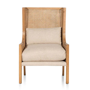 Distressed Natural Rattan Wingback Armchair with Sand White Cushions
