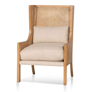 Distressed Natural Rattan Wingback Armchair with Sand White Cushions