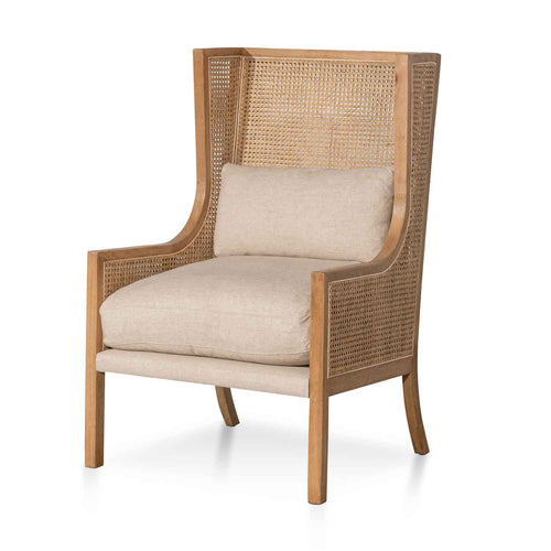 Distressed Natural Rattan Wingback Armchair with Sand White Cushions