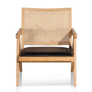 Distressed Natural Rattan Armchair with Black Seat