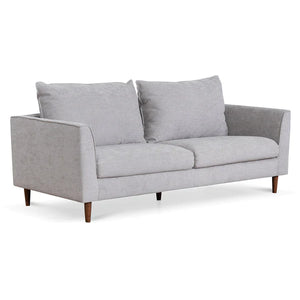Oyster Beige Three-Seater Fabric Sofa with Walnut Legs