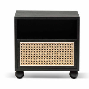 Black Wooden Side Table with Rattan Front