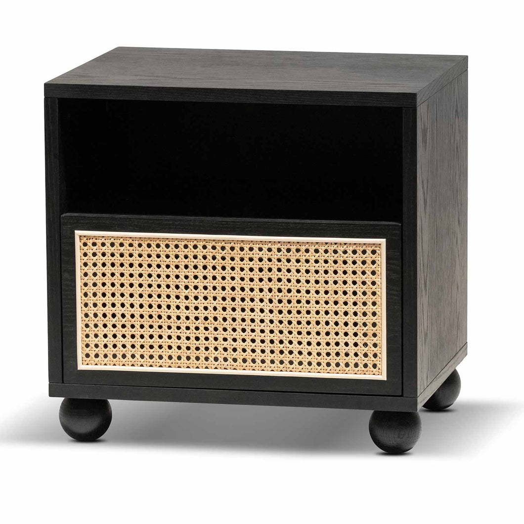 Black Wooden Side Table with Rattan Front