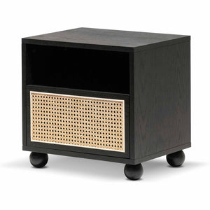 Black Wooden Side Table with Rattan Front