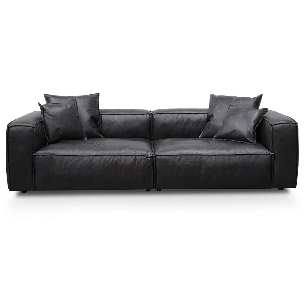 Charcoal Leather Three-Seater Sofa with Cushion and Pillow