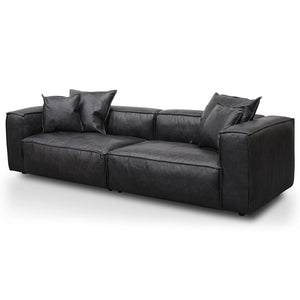 Charcoal Leather Three-Seater Sofa with Cushion and Pillow