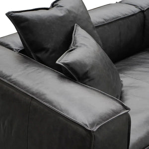 Charcoal Leather Three-Seater Sofa with Cushion and Pillow