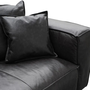 Charcoal Leather Three-Seater Sofa with Cushion and Pillow