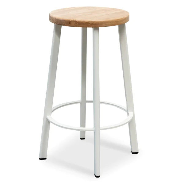 White Frame Bar Stool with Natural Timber Seat