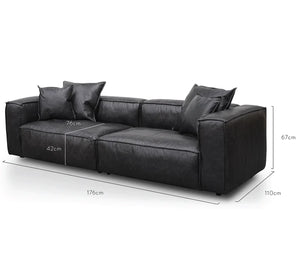 Charcoal Leather Three-Seater Sofa with Cushion and Pillow