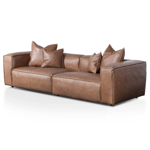 Saddle Brown Three-Seater Sofa with Cushion and Pillow